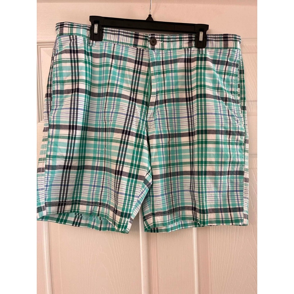 Club Room Mens Plaid Shorts Size 34 Green Blue Casual Cotton Excellent Condition